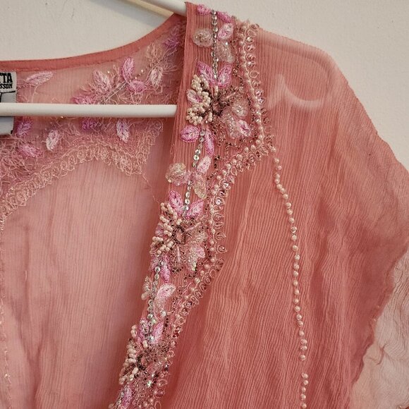 Vintage Lotta Stensson Silk Kimono Kaftan Embroidered Beaded V Neck Top One Size - Picture 2 of 6